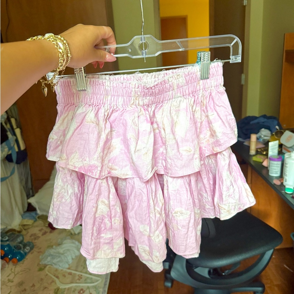 LoveShackFancy Pink and Cream Mini Skirt